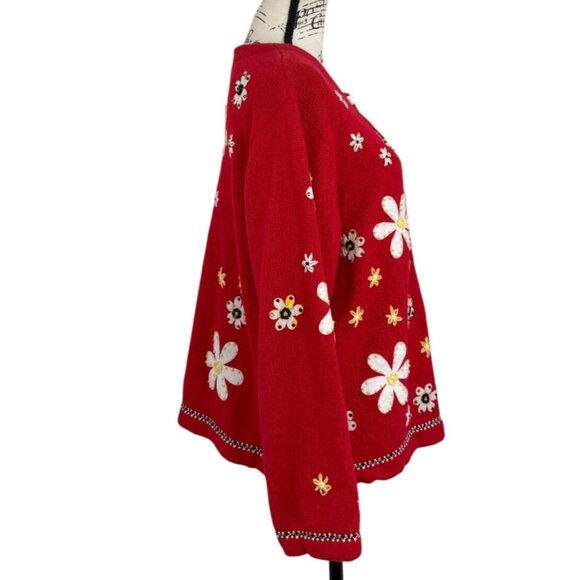 Susan Bristol Red Cardigan Floral Embroidery Button-Up Ramie Vintage Women XL - Picture 2 of 7